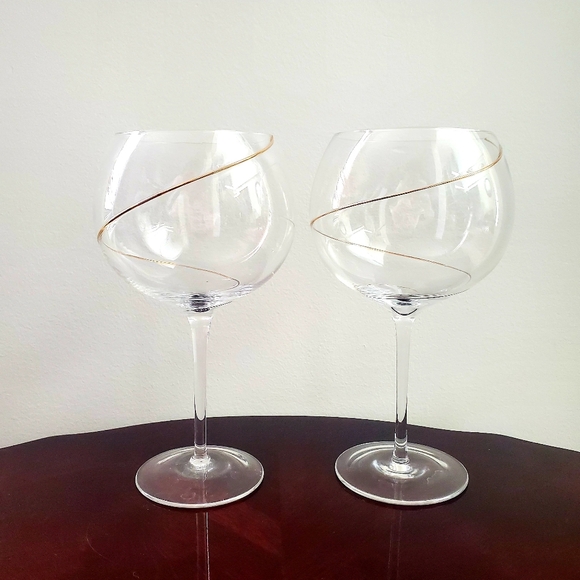 Balloon Wine Glass 2pc set Gold Swirl Ring Applique Tall Elegant Stem Luxe MCM - Picture 2 of 5